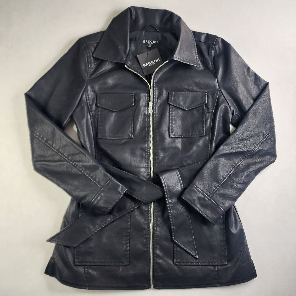 Baccini Faux Leather Jacket Woman's Black Size Medium Full Zip Pockets NWT